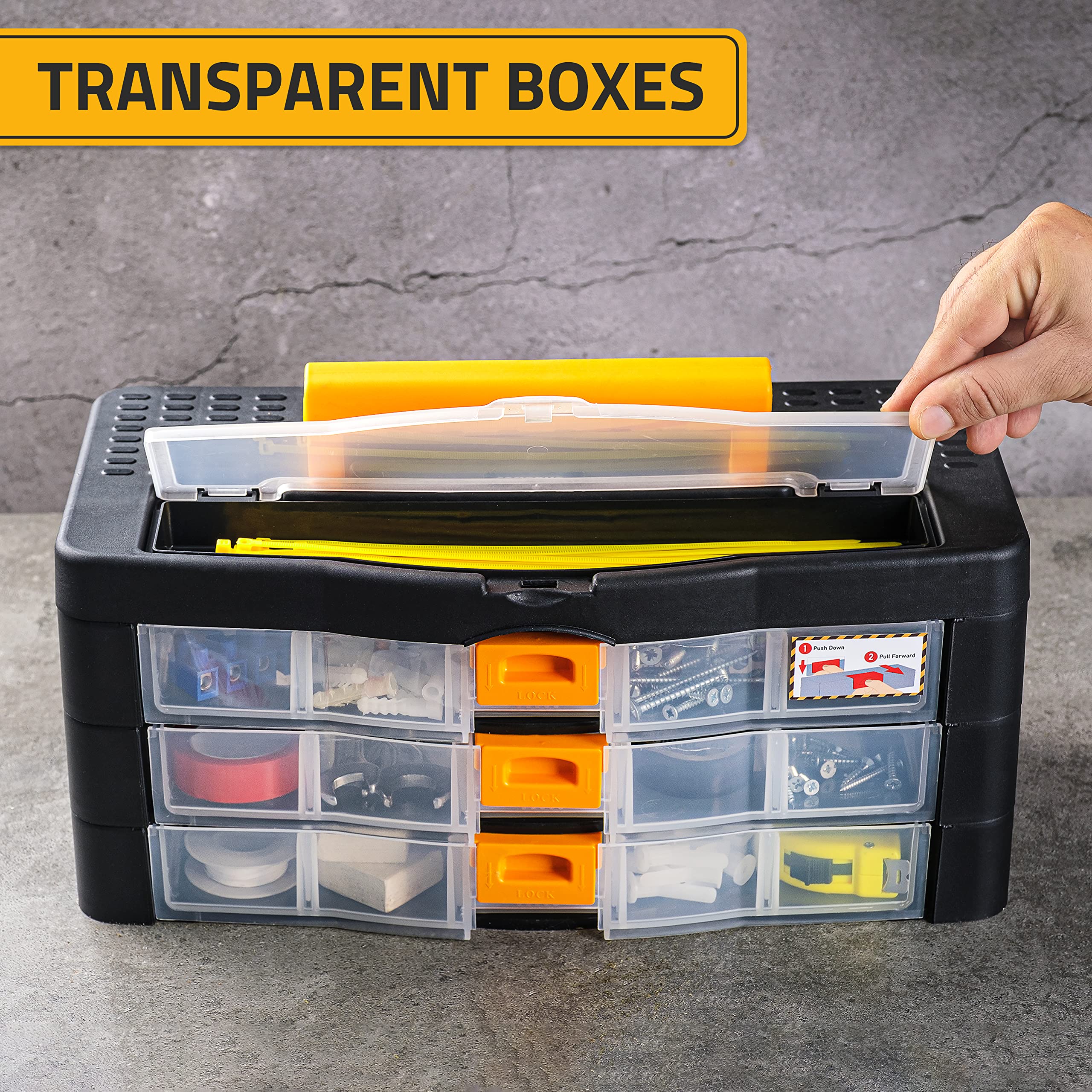 CANOPUS Craft Organizer with Drawers, 15-in Modular Drawer Case, Storage Organizer with Transparent Drawers, Portable Plastic Tool Box for Small Tools, Crafts, Screws, Bolts, Hardware and Small Parts - Image 3
