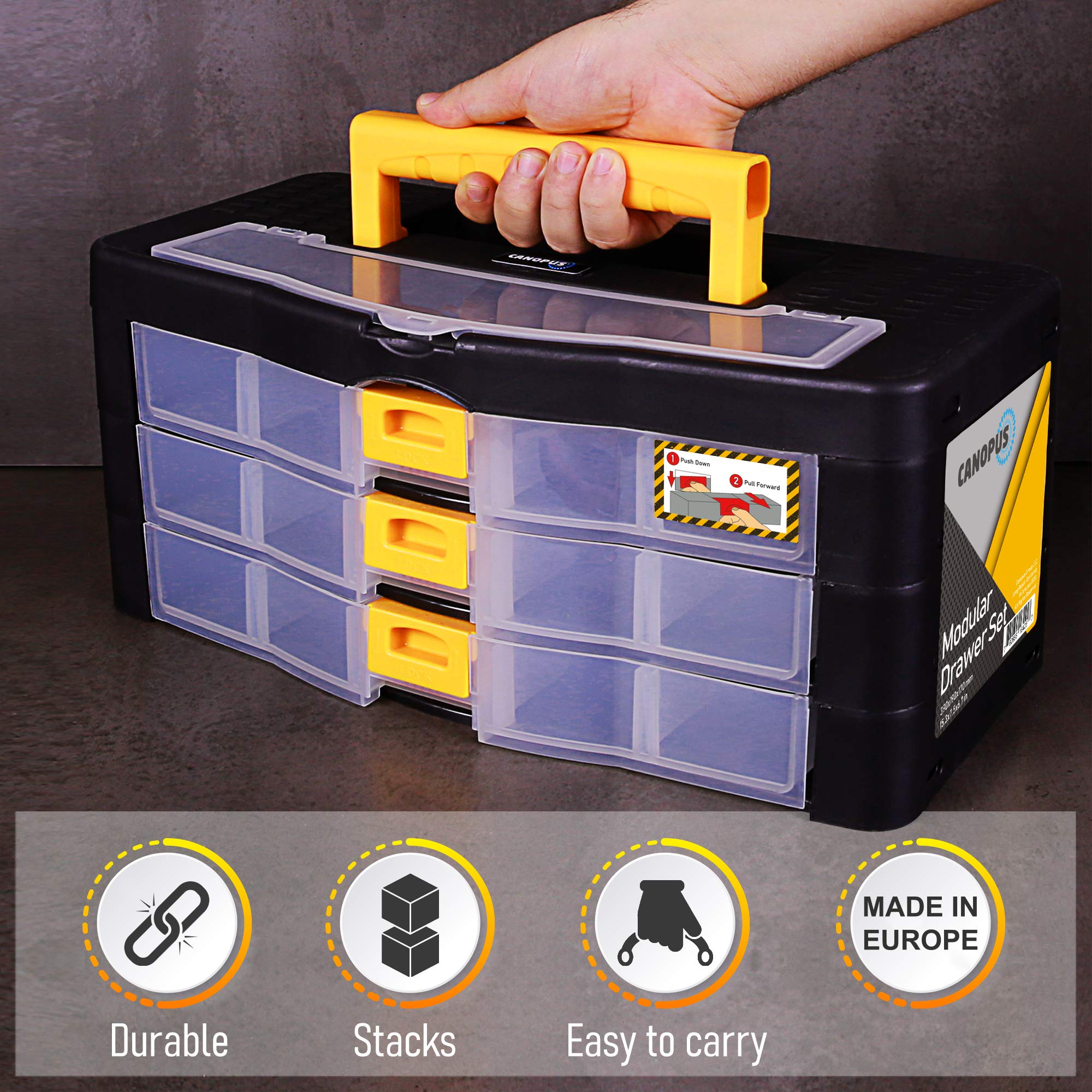 CANOPUS Craft Organizer with Drawers, 15-in Modular Drawer Case, Storage Organizer with Transparent Drawers, Portable Plastic Tool Box for Small Tools, Crafts, Screws, Bolts, Hardware and Small Parts - Image 8
