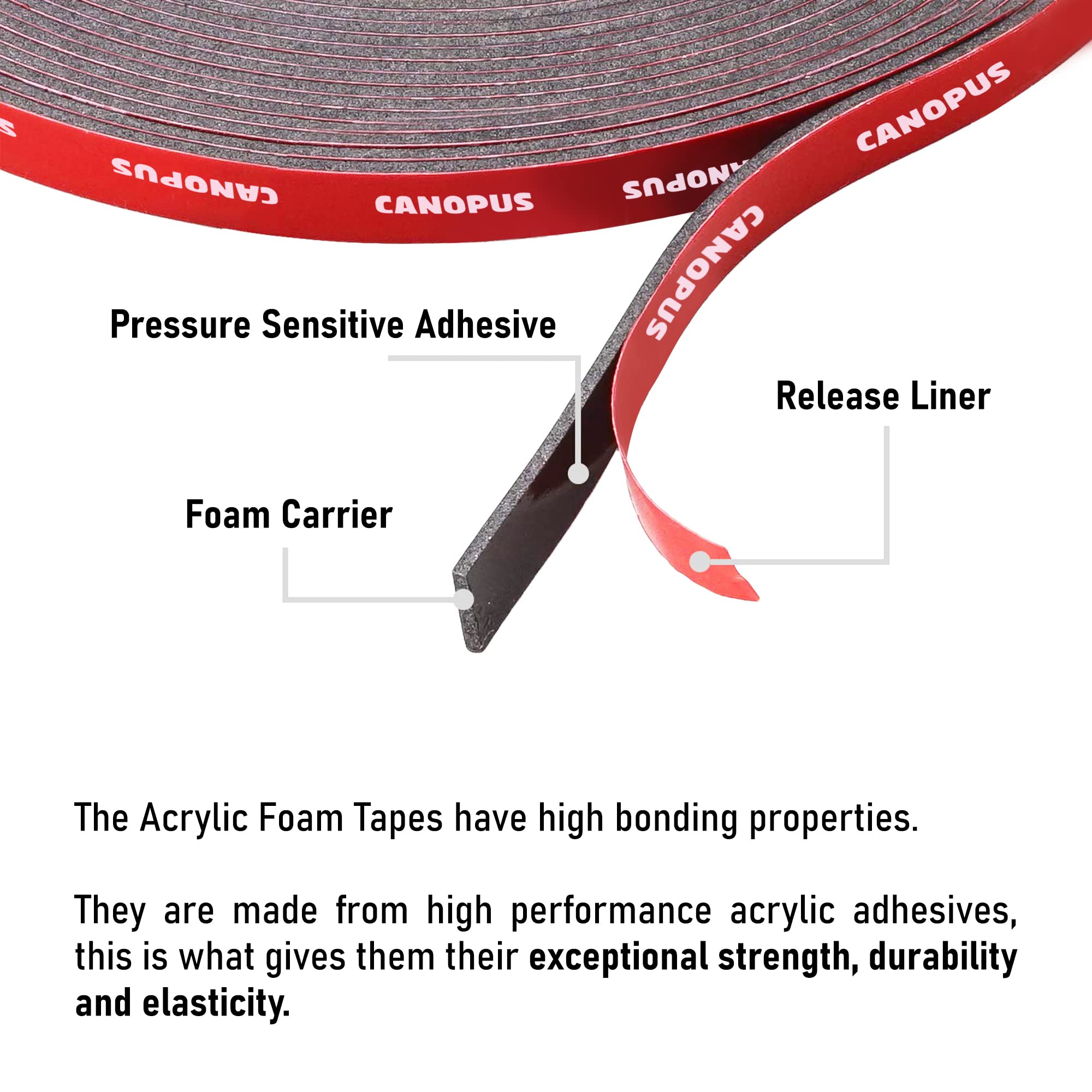 CANOPUS Double Sided Tape, 5952 Heavy Duty Mounting Tape, Strong Bond & Weatherproof Seal Strip for Automotive Mounting, Picture and Photo Frame, Poster, Craft, 0.25 in x 15 ft, Black, Made in USA - Image 3